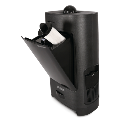 aspirador de pó vertical preto com recipiente frontal aberto e filtro branco visível