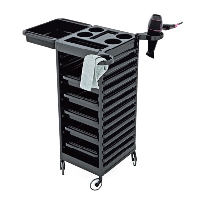 Carrinho organizador preto com gavetas, rodas, suporte para secador de cabelo e pano branco