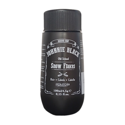 Frasco preto com texto branco para produto cabelo JOHNNIE BLACK Snow Flakes