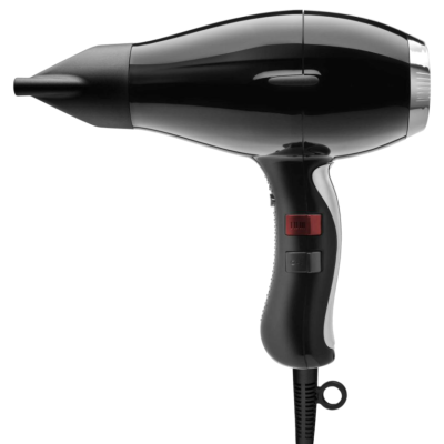 Secador de cabelo preto com bico estreito e botões na pega.