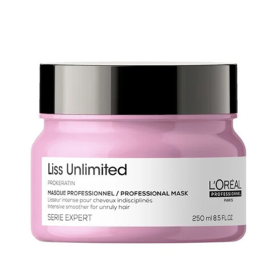 Frasco rosa com máscara capilar L'Oréal Liss Unlimited e tampa preta