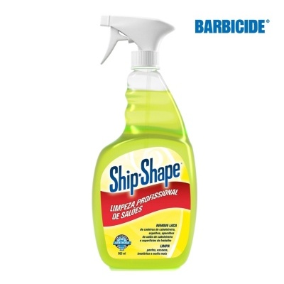 Frasco de limpeza Ship Shape com pulverizador branco e líquido amarelo esverdeado