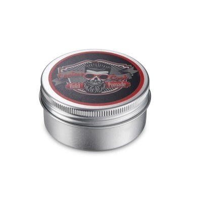 Pote metálico com tampa decorada com crânio e texto Gentleman Cook Hold Pomade