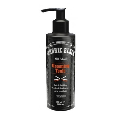 Frasco preto do produto JOHNNIE BLACK Grooming Tonic com tampa de bomba