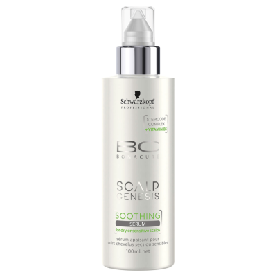 Frasco branco BC Bonacure Scalp Genesis Soothing Serum com tampo transparente e detalhes prateados