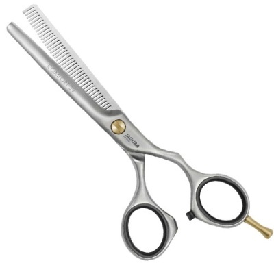 Tesoura de desbaste para cabelo metálica prateada com texto e detalhes dourados