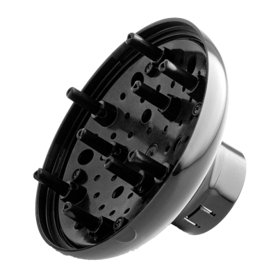 Difusor de cabelo redondo preto e prateado com bicos alongados.