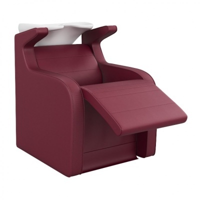 Cadeira profissional bordô para cabeleireiro com encosto reclinável branco e apoio para pernas estendido