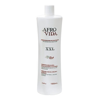 Frasco branco de plástico do produto Afro Vida XXL com texto preto e vermelho