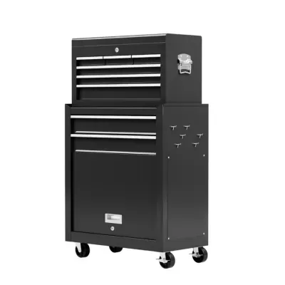 Carrinho de ferramentas móvel preto com rodas e gavetas em fundo branco