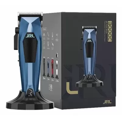 Máquina de cortar cabelo azul e preto JRL com base e caixa preta