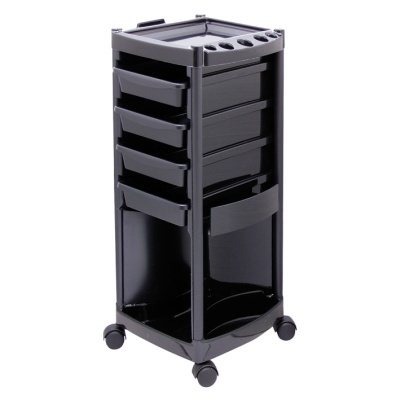 Carrinho organizador preto de plástico com gavetas e rodas