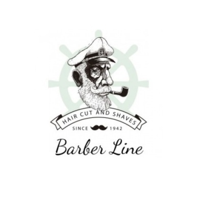 Logótipo de barbearia com desenho de homem com barba, chapéu e cachimbo, texto 'HAIR CUT AND SHAVES SINCE 1942 Barber Line'
