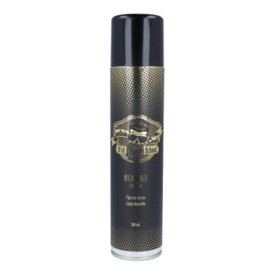 Spray fixador de cabelo preto e dourado com tampa preta e design com crânio e texto