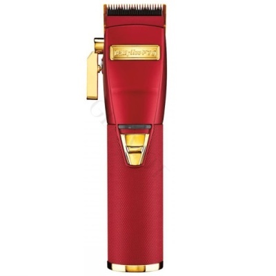 Máquina de cortar cabelo vermelha com detalhes dourados e texto 'Hair Clipper 799'