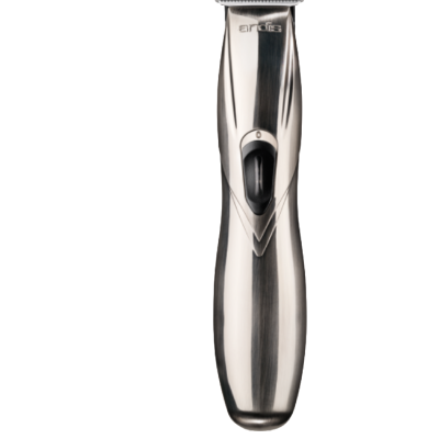 Máquina de cortar cabelo metálica com lâmina no topo e botão deslizante preto