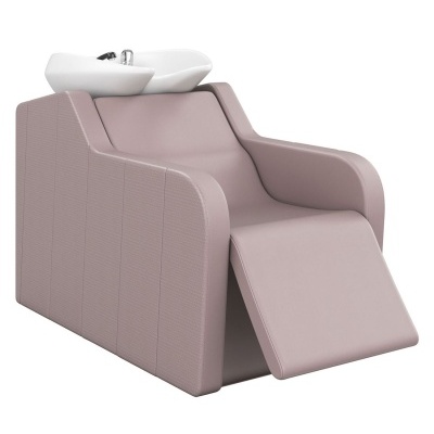 Poltrona de lavatório para cabeleireiro rosa claro com lavatório branco