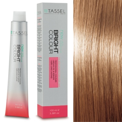 Tubo e caixa de tinta de cabelo TASSEL Bright Colour e cabelo castanho claro liso.