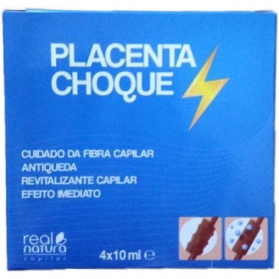 Embalagem azul de produto capilar PLACENTA CHOQUE com texto branco e ilustrações menores