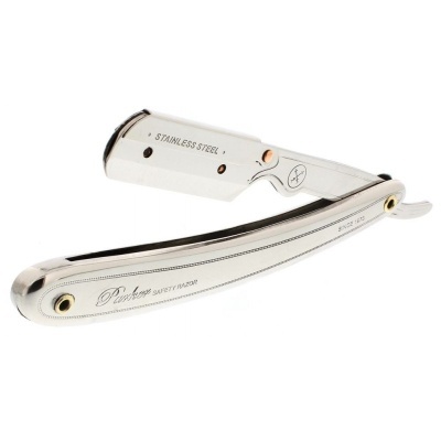 Navalha de barbear em aço inoxidável prateada aberta