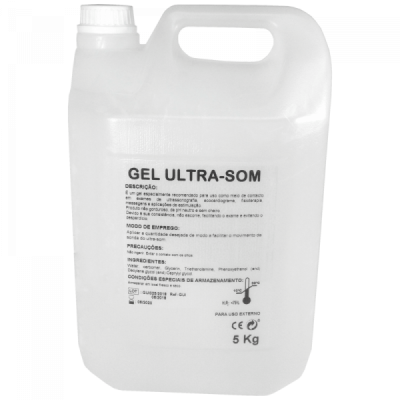 Frasco branco de plástico com Gel Ultra-Som e texto descritivo em português