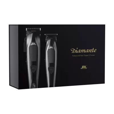 Caixa preta com kit de aparadores de cabelo profissional JRL Diamante e texto dourado