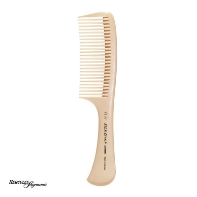 Pente de cabelo de plástico bege com dentes largos e texto impresso no cabo