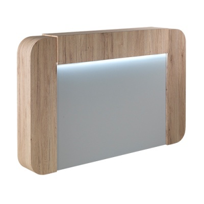 Cabeceira de cama em madeira clara com painel cinzento e luz LED