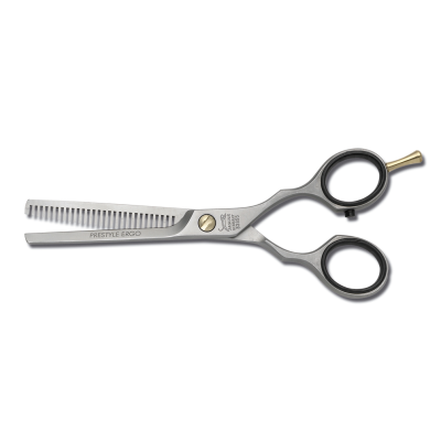 Tesoura de cabelo desfiadora em metal cinza com detalhes pretos e dourados