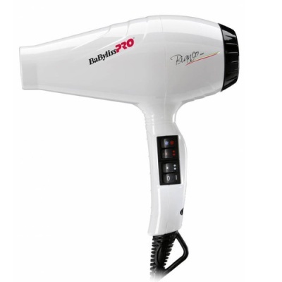 Secador de cabelo BaByliss PRO branco com botões pretos no punho