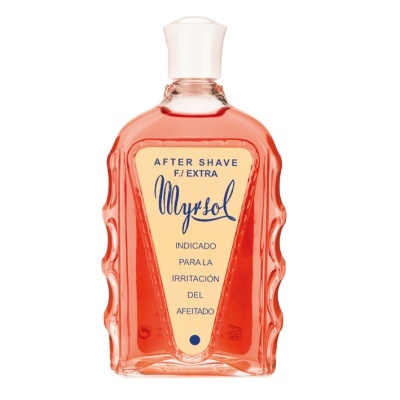 Frasco de after shave Myrsol com líquido vermelho
