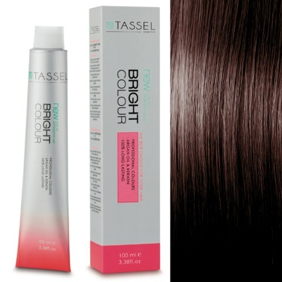 Tubo e caixa de coloração TASSEL Bright Colour e amostra de cabelo castanho