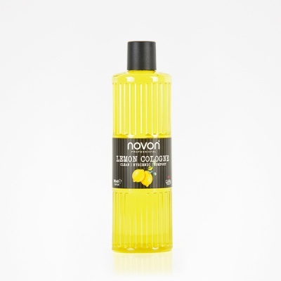 Frasco amarelo de colónia Novon Lemon Cologne com tampa preta