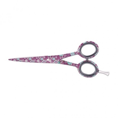 Tesoura decorada com padrão floral em roxo, branco e azul