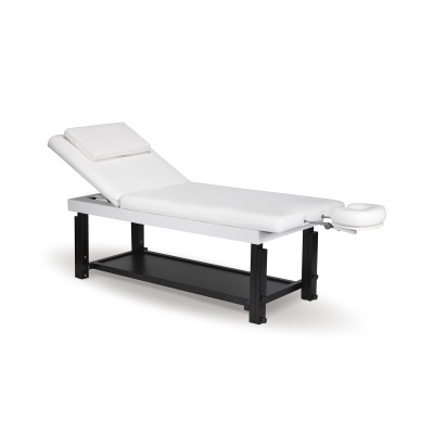 Cama de massagem branca com estrutura preta e almofada ajustável