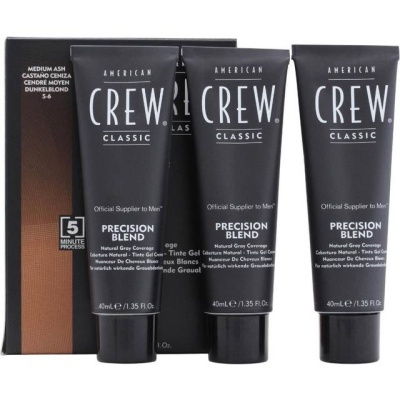 Três tubos pretos de American Crew Classic Precision Blend e caixa castanho médio