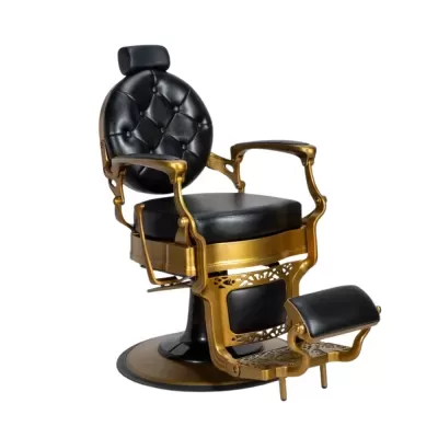 Cadeira de barbeiro com couro preto e estrutura dourada