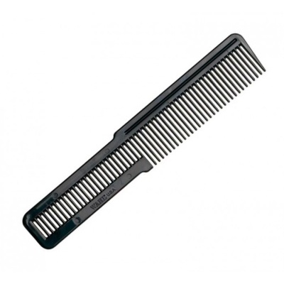 Pente de plástico preto com inscrições, dentes variados, fundo branco