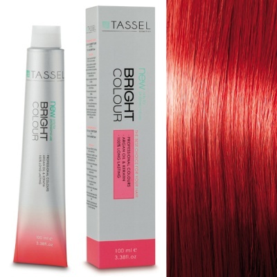 Tinta de cabelo TASSEL Bright Colour com tubo e caixa ao lado e uma amostra de cabelo vermelho brilhante