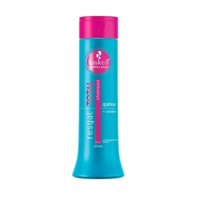 Frasco azul de champô Baskell com tampa rosa e texto branco e rosa