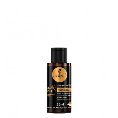 Frasco pequeno de produto Haskell Composto Fortaleza 35ml com rótulo preto e detalhes dourados