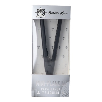 Mini prancha preta para barba e franja na embalagem transparente com fundo branco e âncoras