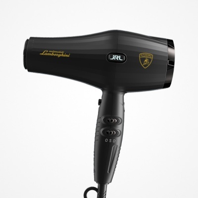 secador de cabelo preto com logotipo Lamborghini e botões no cabo