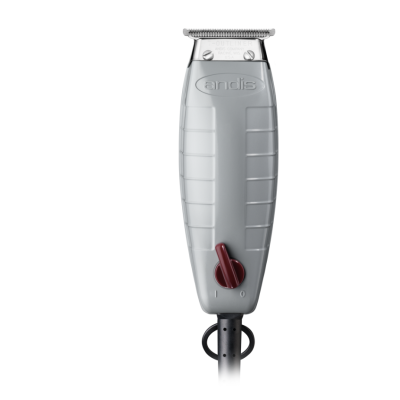 Máquina de cortar cabelo elétrica Andis cinzenta com botão vermelho e lâmina metálica