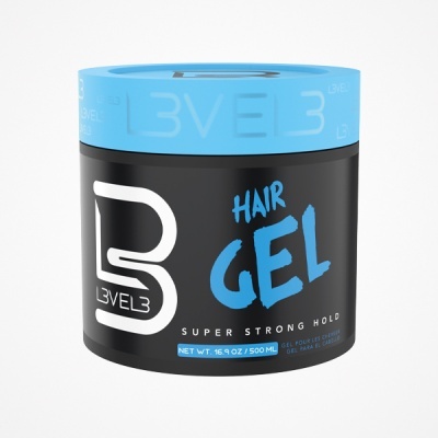 Frasco preto com tampa azul de gel para cabelo L3VEL