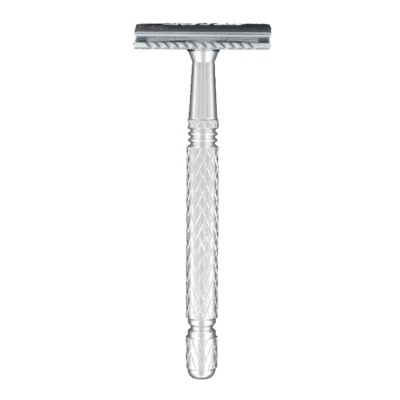 Gilete de barbear metálica prateada com cabo texturizado