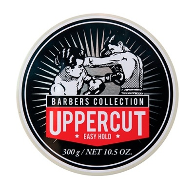 Embalagem redonda preta e vermelha de produto Uppercut Barbers Collection com ilustração de boxeadores