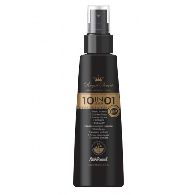 Frasco spray cosmético preto com rótulo dourado da Royal Secret 10 em 1