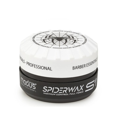 Cera de cabelo Modus Professional Spiderwax S1 embalagem preta e branca com teia de aranha