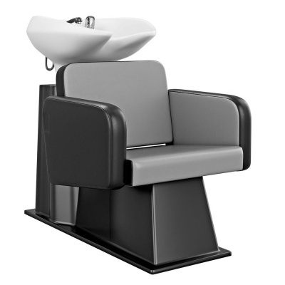 Cadeira de lavagem de salão de cabeleireiro preta com assento cinza e lavatório branco
